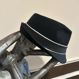 Black with white accent felt Angela & William fedora. 20”.